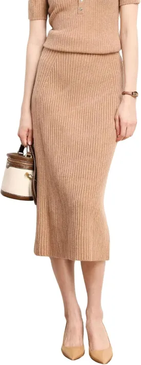 chouyatou Women's Fall Elastic High Waist Midi Rib Knit Skirt Office Work Bodycon Sweater Pencil Skirt