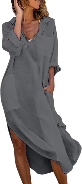 chouyatou Women's Spring Summer Cotton Linen Shirt Dress Button Down Casual Loose Maxi Shift Dress