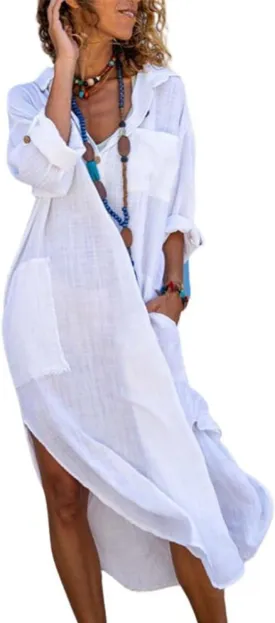 chouyatou Women's Spring Summer Cotton Linen Shirt Dress Button Down Casual Loose Maxi Shift Dress