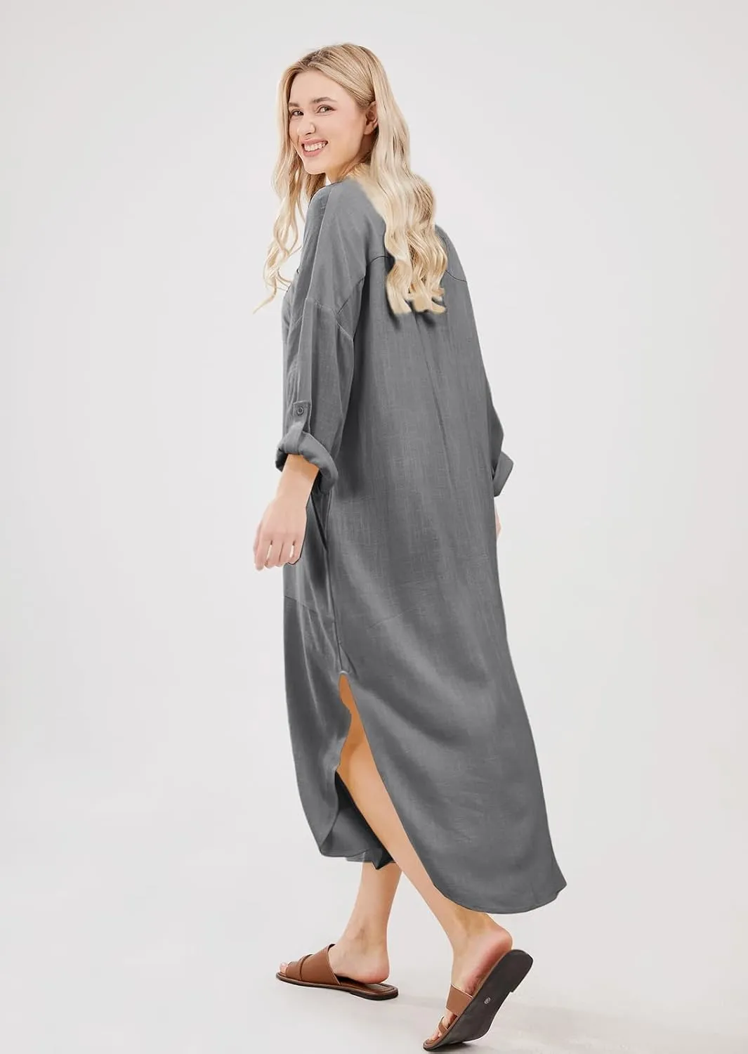 chouyatou Women's Spring Summer Cotton Linen Shirt Dress Button Down Casual Loose Maxi Shift Dress