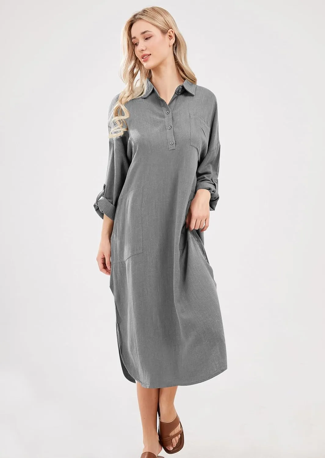 chouyatou Women's Spring Summer Cotton Linen Shirt Dress Button Down Casual Loose Maxi Shift Dress