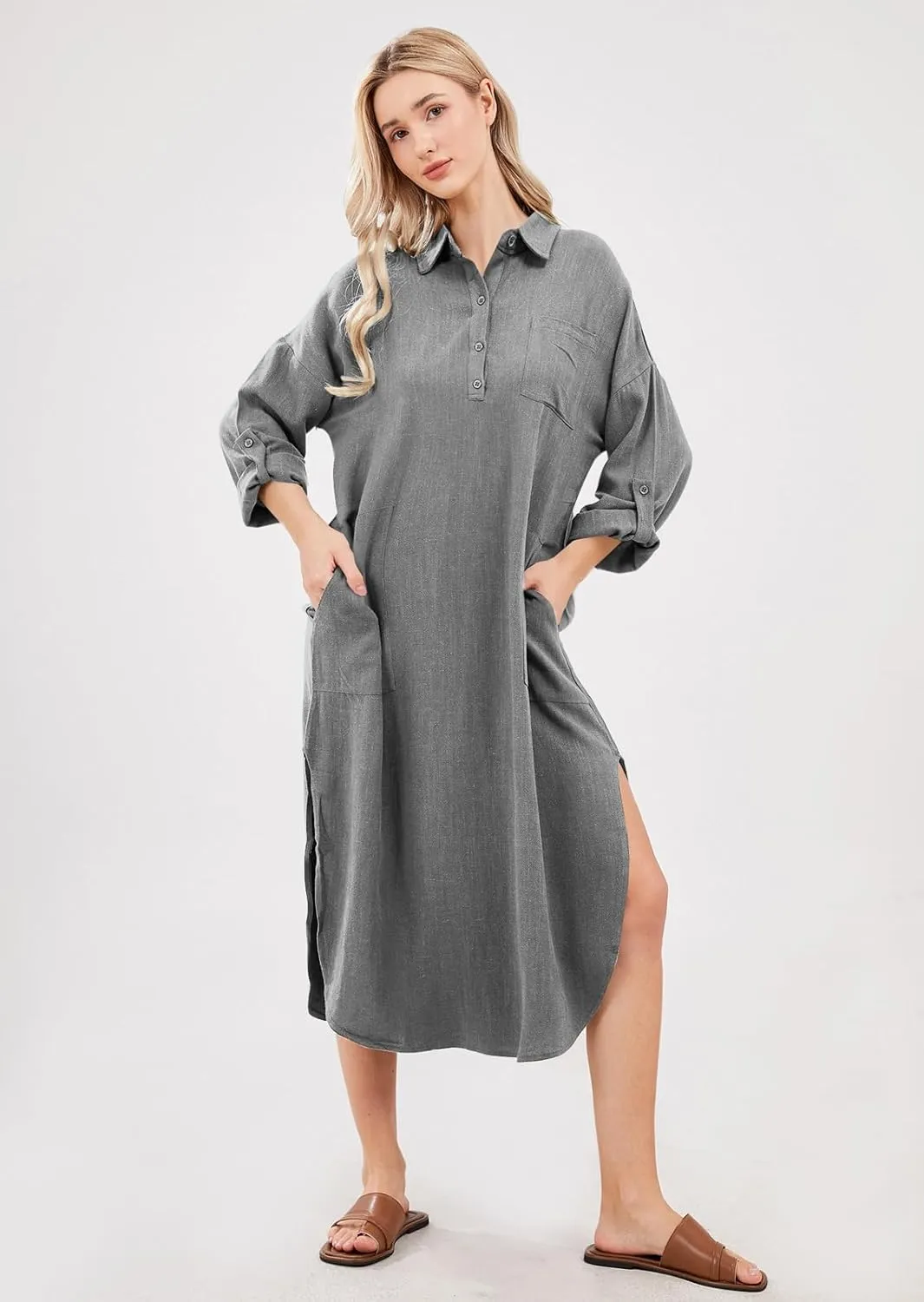 chouyatou Women's Spring Summer Cotton Linen Shirt Dress Button Down Casual Loose Maxi Shift Dress