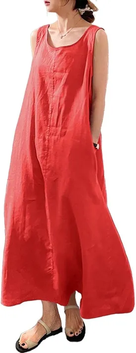 chouyatou Women's Summer Casual Sleeveless Cotton Sun Dress Maxi Tunic Tank Beach Dress with Pocket