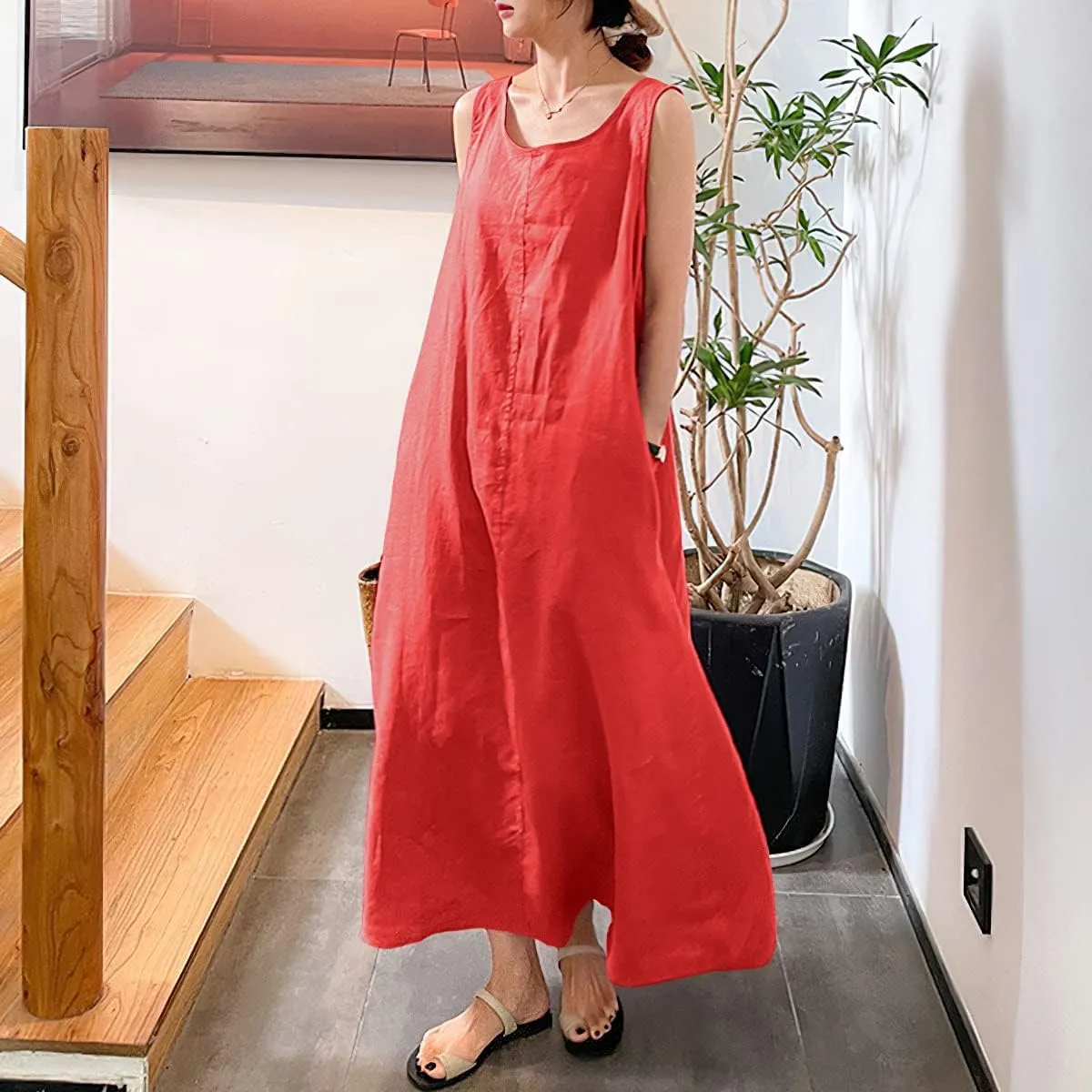 chouyatou Women's Summer Casual Sleeveless Cotton Sun Dress Maxi Tunic Tank Beach Dress with Pocket