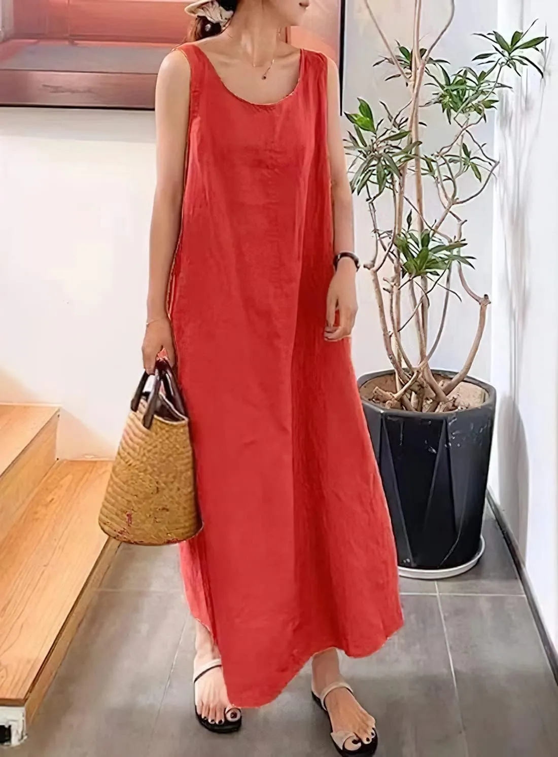 chouyatou Women's Summer Casual Sleeveless Cotton Sun Dress Maxi Tunic Tank Beach Dress with Pocket