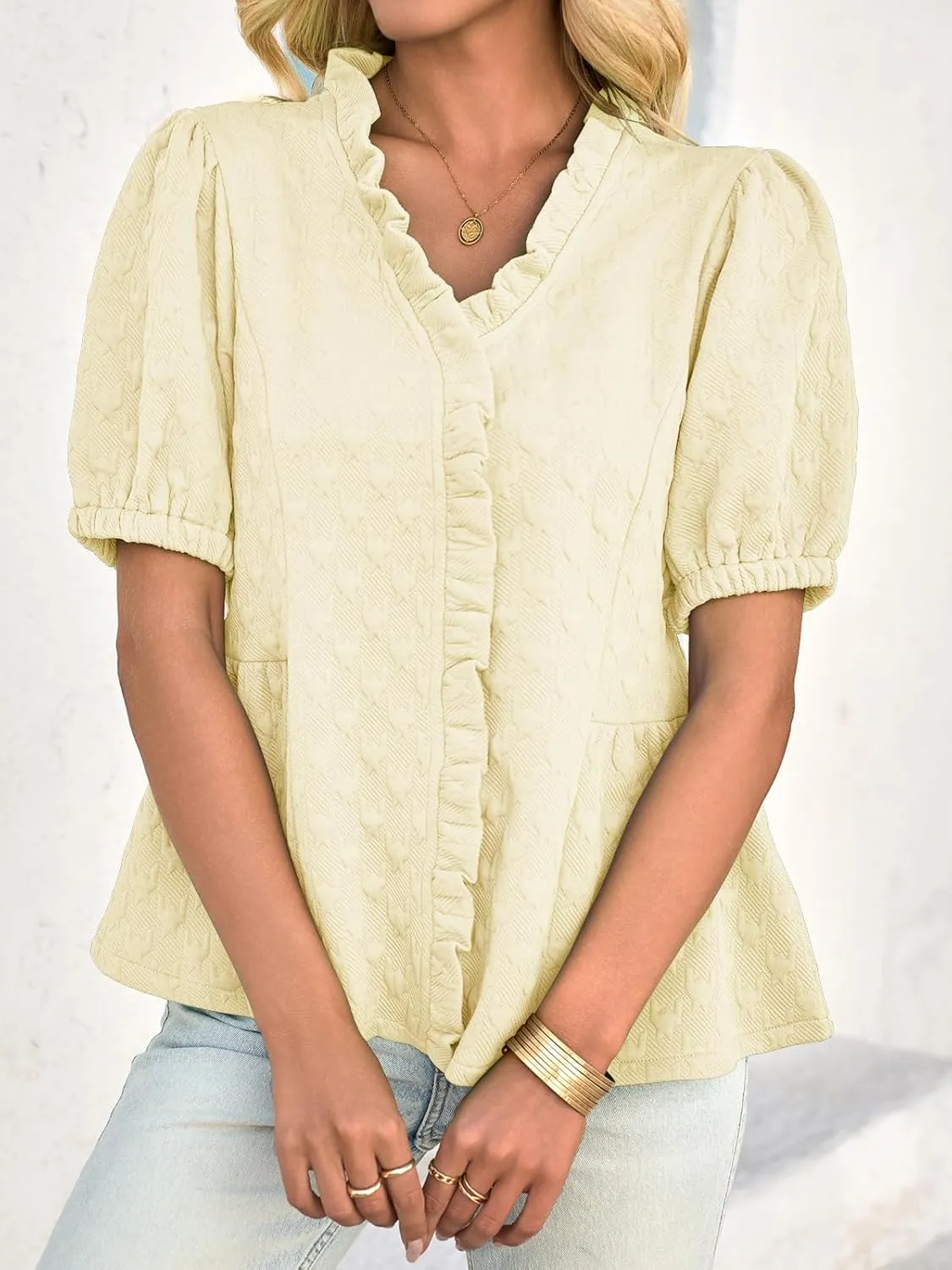 Cicy Bell Womens Peplum Puff Sleeve Tops Dressy Casual Summer Textured Blouses V Neck Ruffle Pleated Shirts