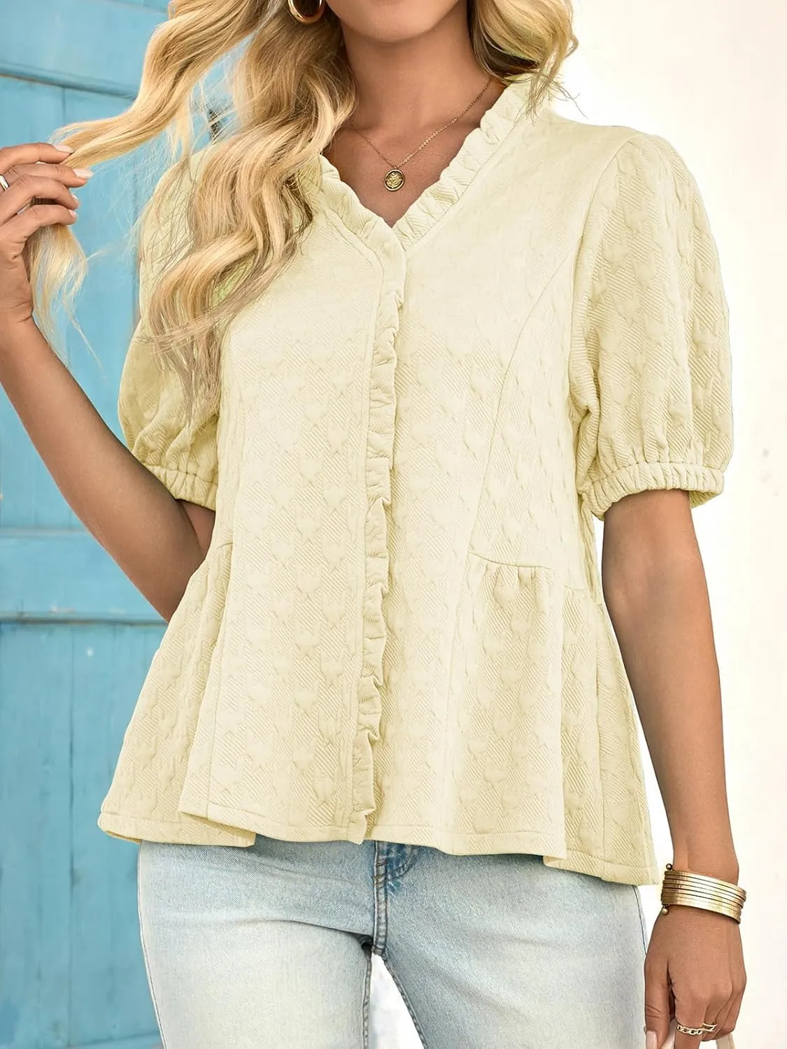Cicy Bell Womens Peplum Puff Sleeve Tops Dressy Casual Summer Textured Blouses V Neck Ruffle Pleated Shirts