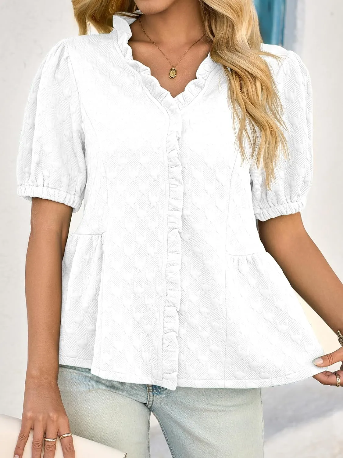 Cicy Bell Womens Peplum Puff Sleeve Tops Dressy Casual Summer Textured Blouses V Neck Ruffle Pleated Shirts