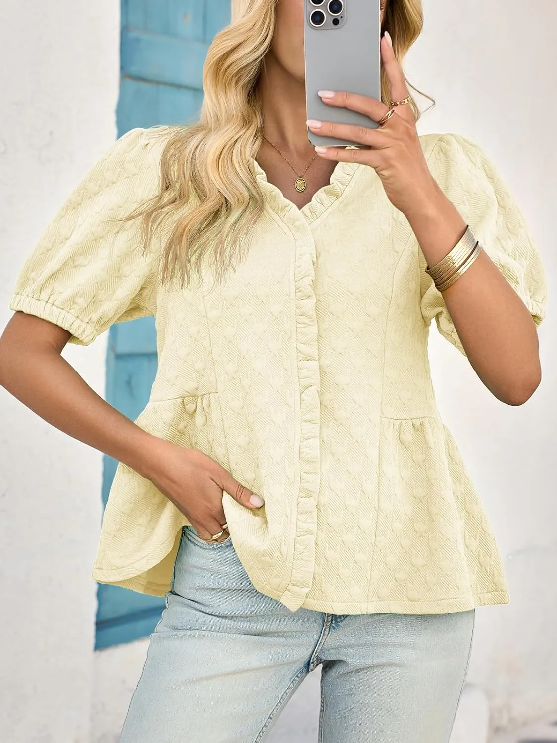 Cicy Bell Womens Peplum Puff Sleeve Tops Dressy Casual Summer Textured Blouses V Neck Ruffle Pleated Shirts