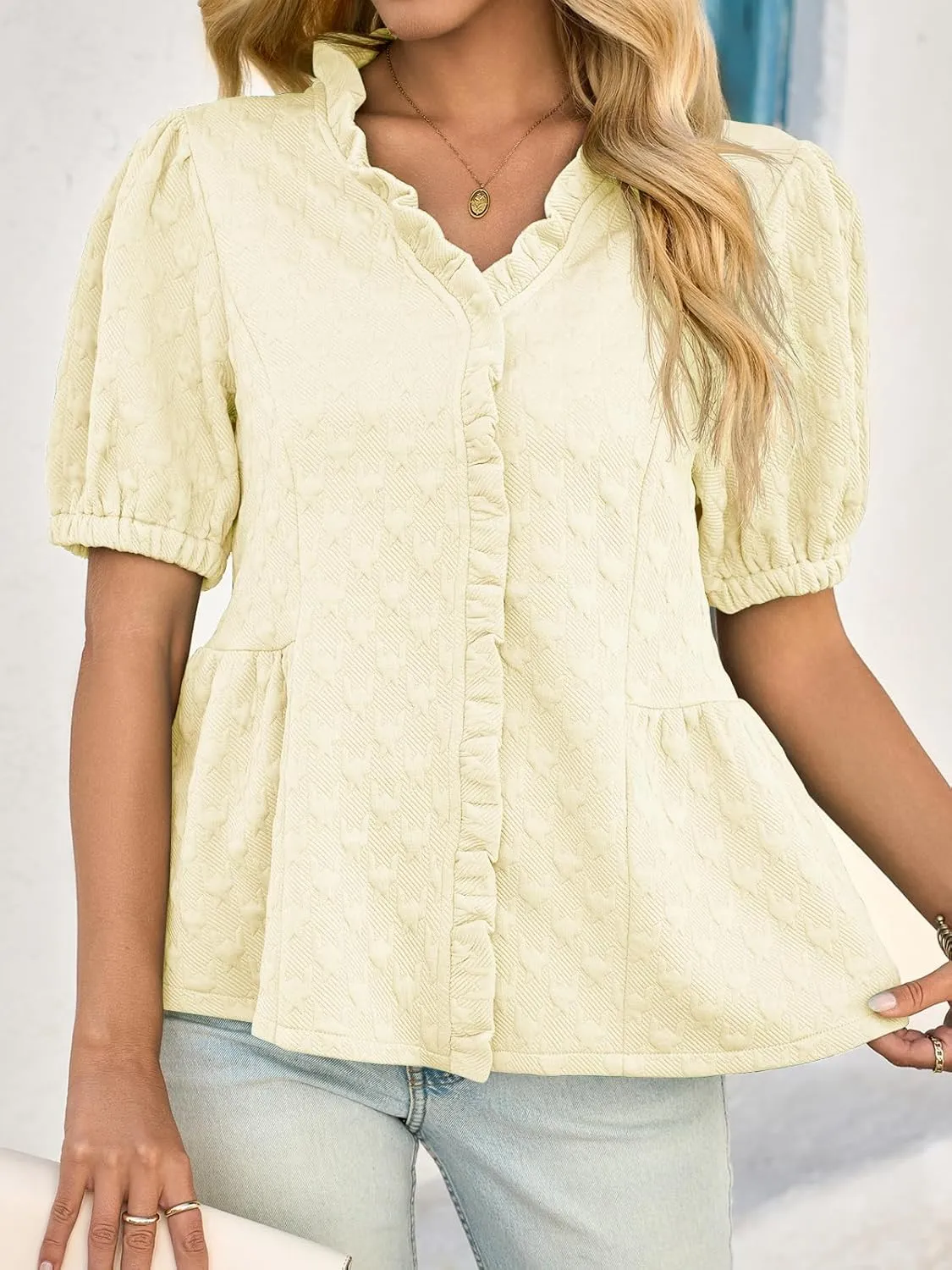 Cicy Bell Womens Peplum Puff Sleeve Tops Dressy Casual Summer Textured Blouses V Neck Ruffle Pleated Shirts
