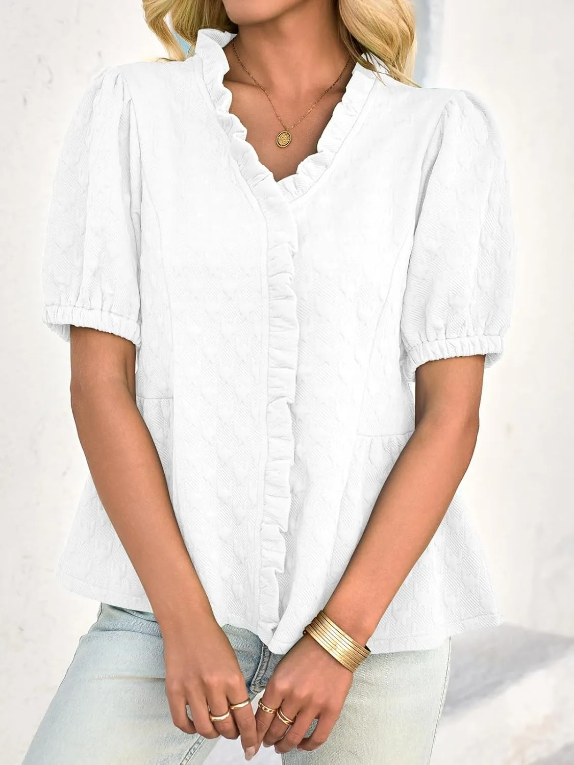 Cicy Bell Womens Peplum Puff Sleeve Tops Dressy Casual Summer Textured Blouses V Neck Ruffle Pleated Shirts