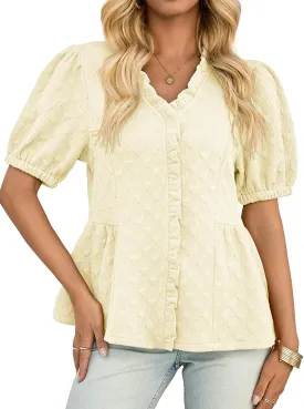 Cicy Bell Womens Peplum Puff Sleeve Tops Dressy Casual Summer Textured Blouses V Neck Ruffle Pleated Shirts