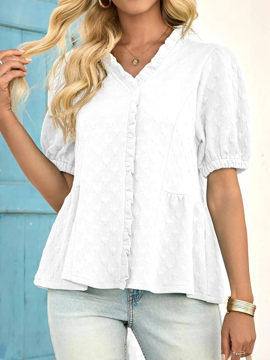 Cicy Bell Womens Peplum Puff Sleeve Tops Dressy Casual Summer Textured Blouses V Neck Ruffle Pleated Shirts