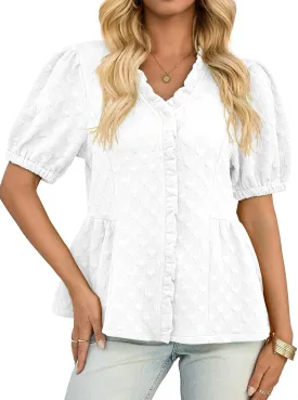 Cicy Bell Womens Peplum Puff Sleeve Tops Dressy Casual Summer Textured Blouses V Neck Ruffle Pleated Shirts