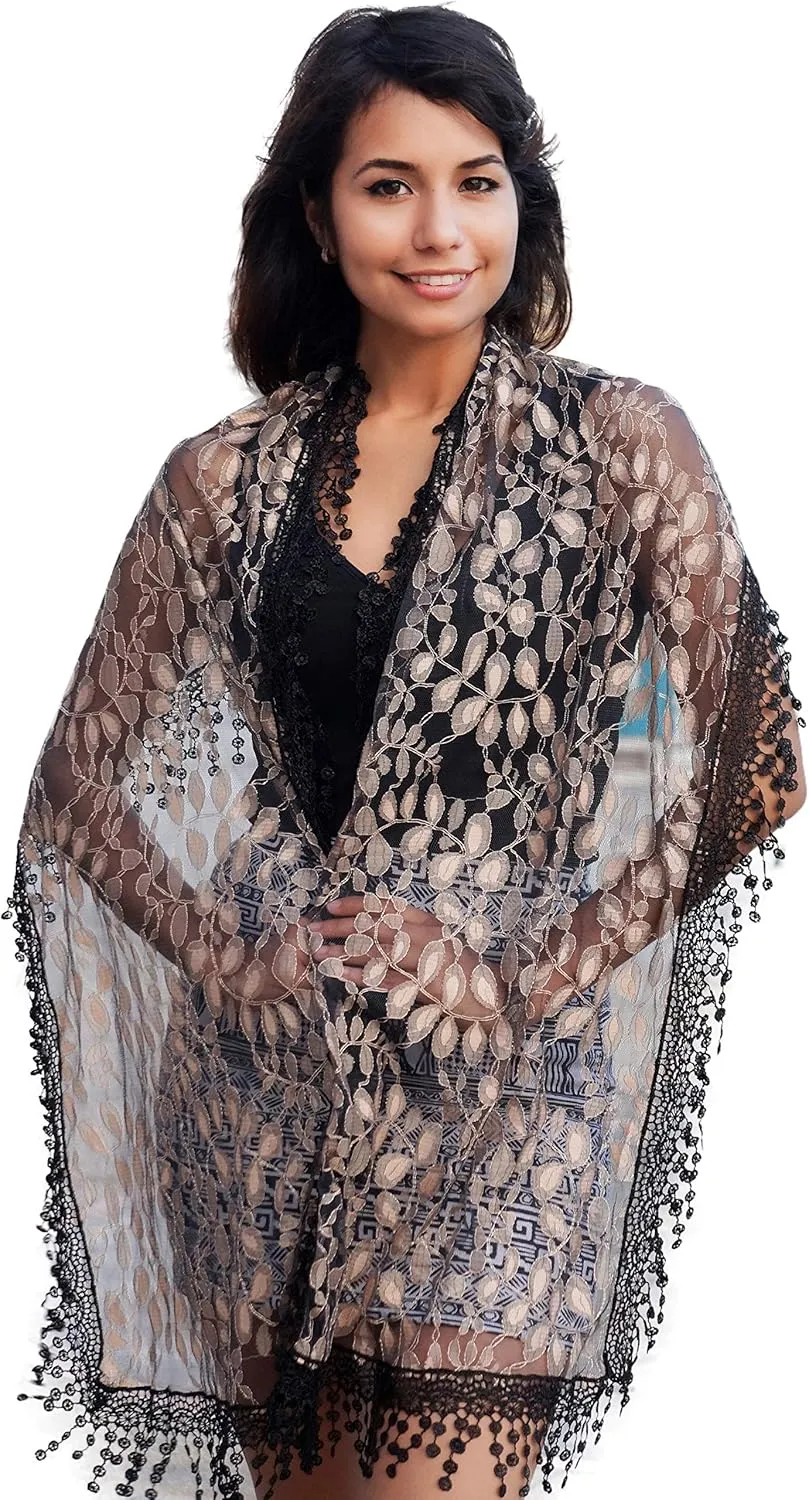 Cindy and Wendy Lightweight Soft Leaf Lace Fringes Scarf shawl for Women