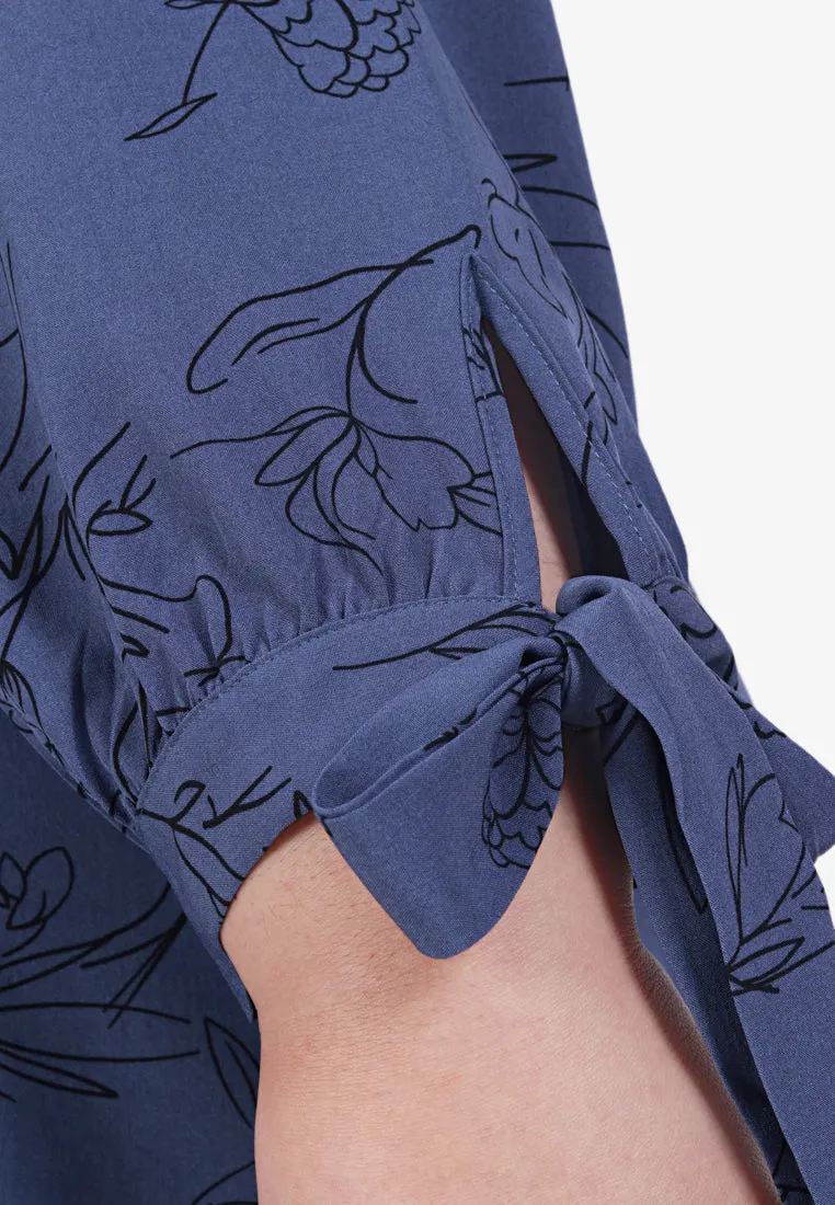 Croslea V-neck Ribbon Sleeve Blouse - Blue