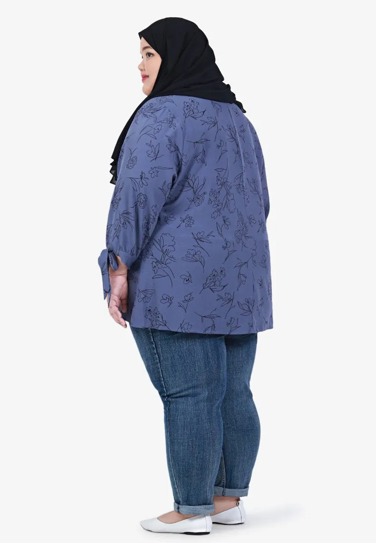 Croslea V-neck Ribbon Sleeve Blouse - Blue