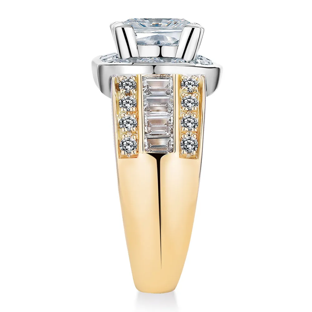 Dress ring with 3.6 carats* of diamond simulants in 10 carat yellow and white gold