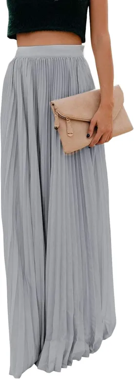 ebossy Women's High Waist Flowy Pleated Chiffon Maxi Skirt