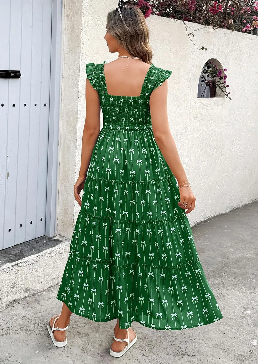 ECOWISH Women's 2025 Summer Maxi Dress Casual Sleeveless Square Neck Smocked Ruffle Bow Tiered Flowy A Line Beach Sundress