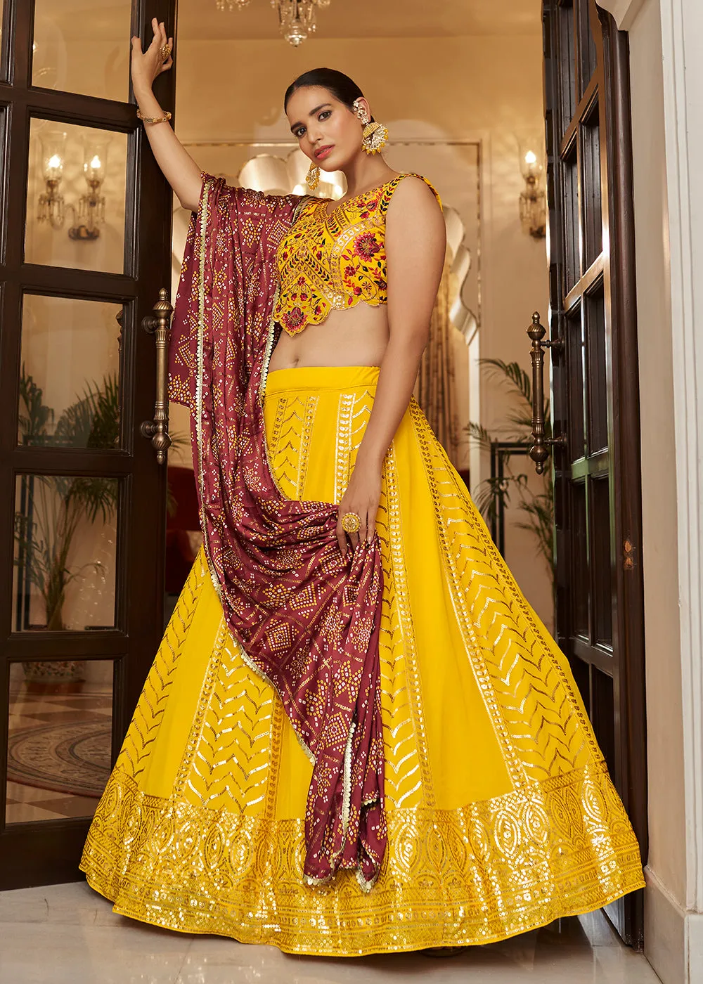 Enchanting Sequins Lovely Yellow Wedding Lehenga Choli