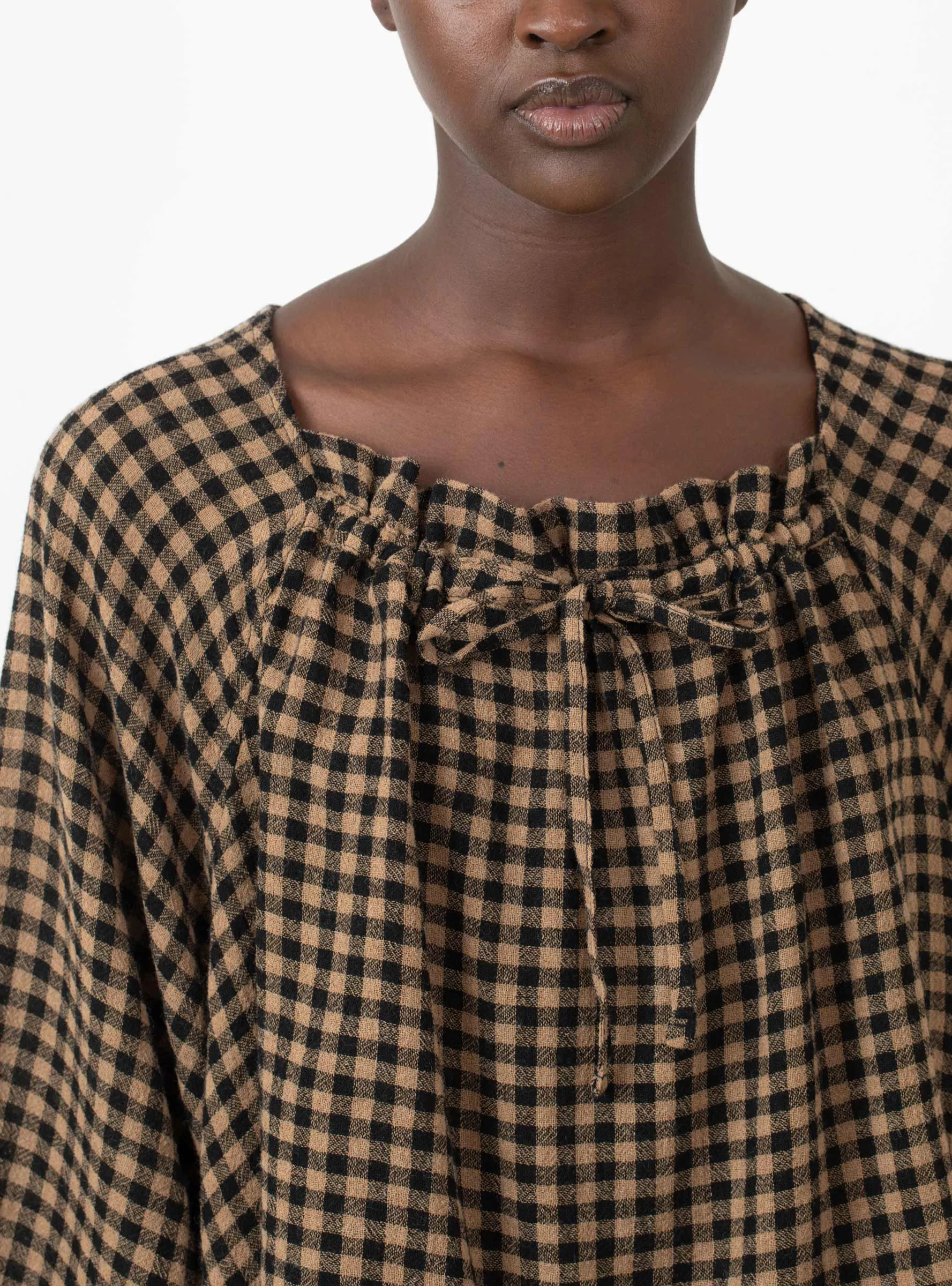 Frill Blouse Beige Black Check