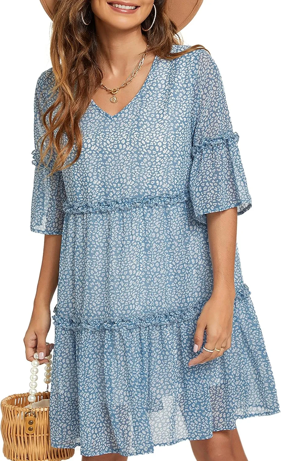 Funlingo Women's Summer Solid Flowy Tunic Mini Dress Short Sleeve V Neck Swing A-line Knee Length Dress