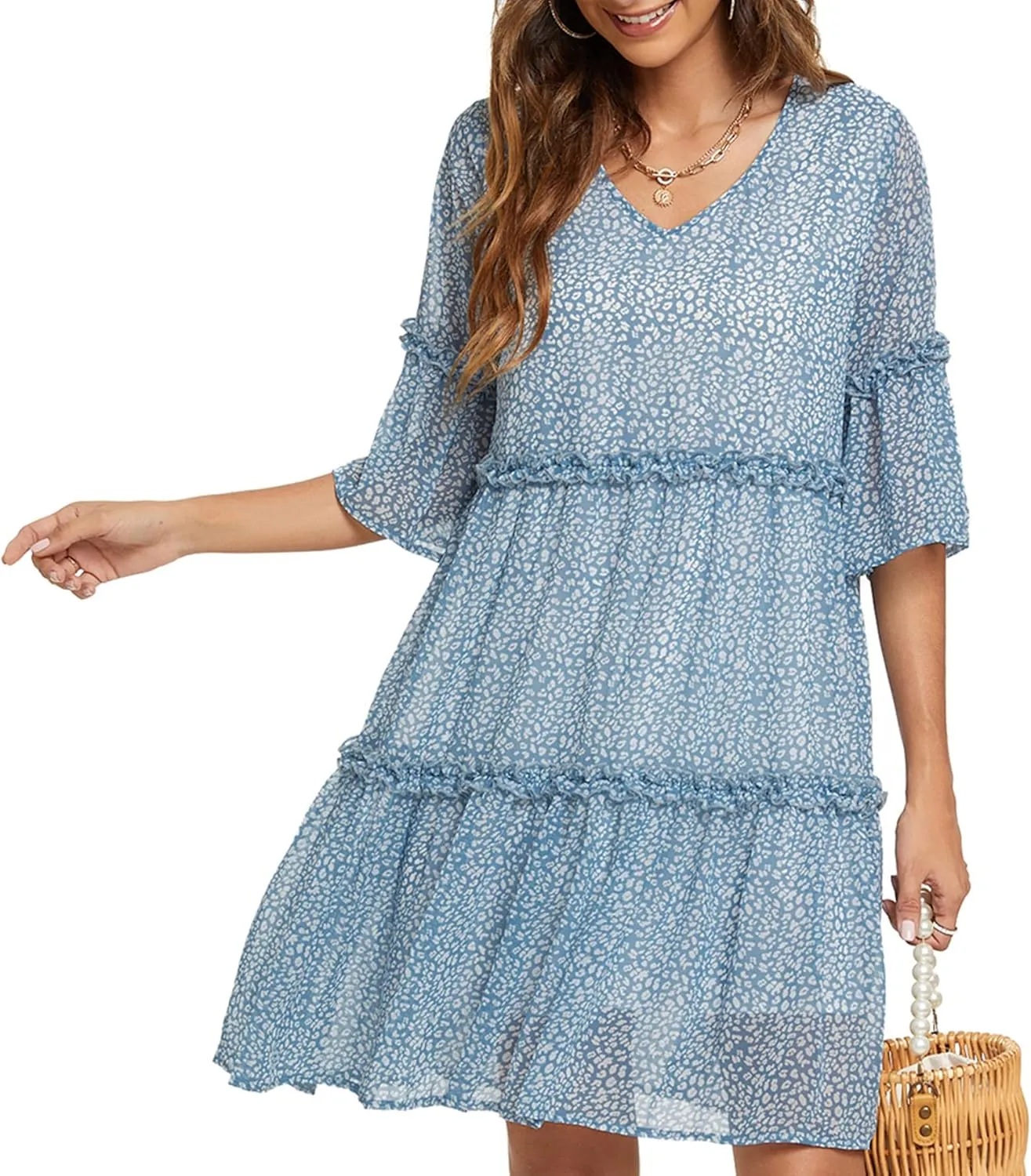 Funlingo Women's Summer Solid Flowy Tunic Mini Dress Short Sleeve V Neck Swing A-line Knee Length Dress