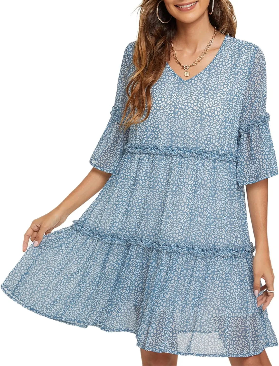 Funlingo Women's Summer Solid Flowy Tunic Mini Dress Short Sleeve V Neck Swing A-line Knee Length Dress