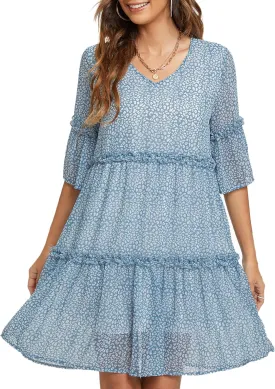 Funlingo Women's Summer Solid Flowy Tunic Mini Dress Short Sleeve V Neck Swing A-line Knee Length Dress