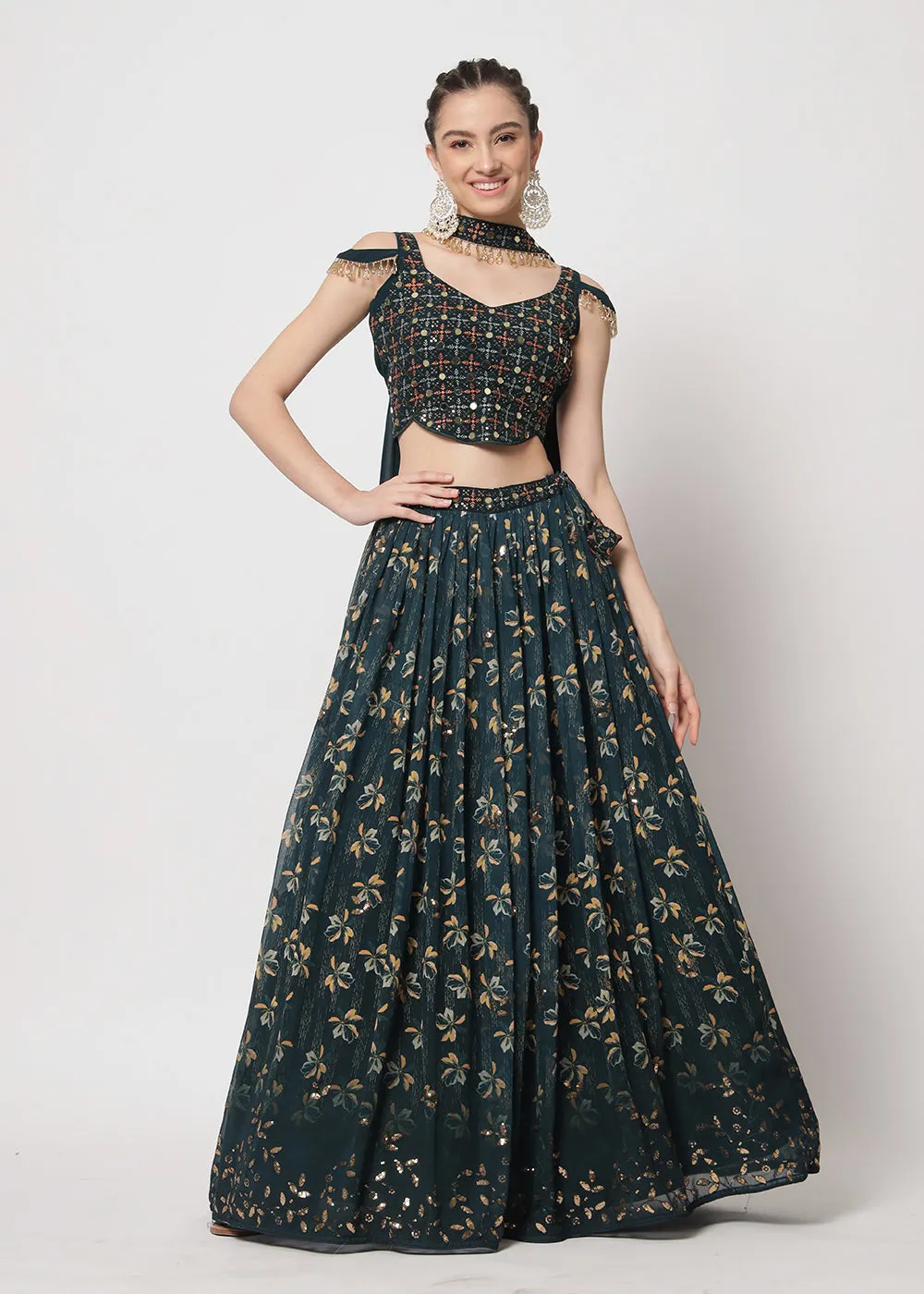Georgette Green Sequins & Printed Wedding Party Lehenga Choli