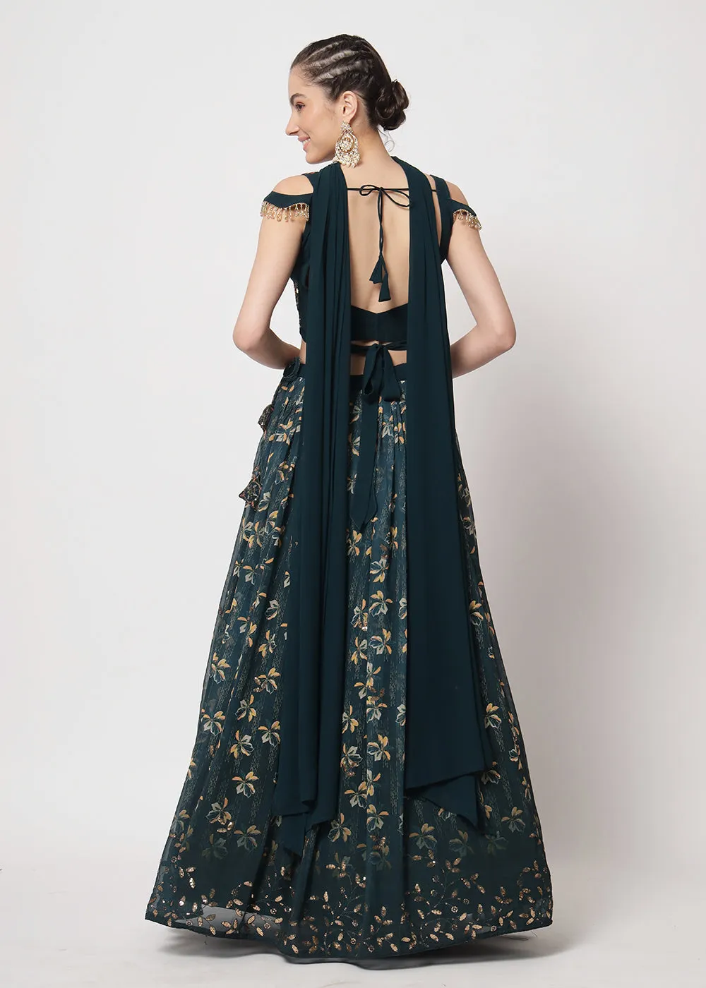 Georgette Green Sequins & Printed Wedding Party Lehenga Choli