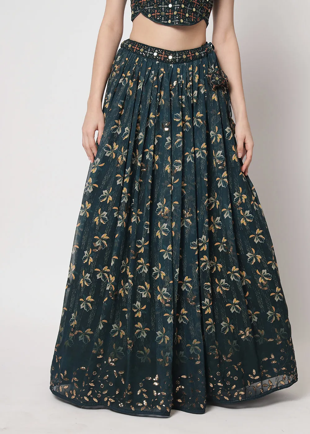 Georgette Green Sequins & Printed Wedding Party Lehenga Choli
