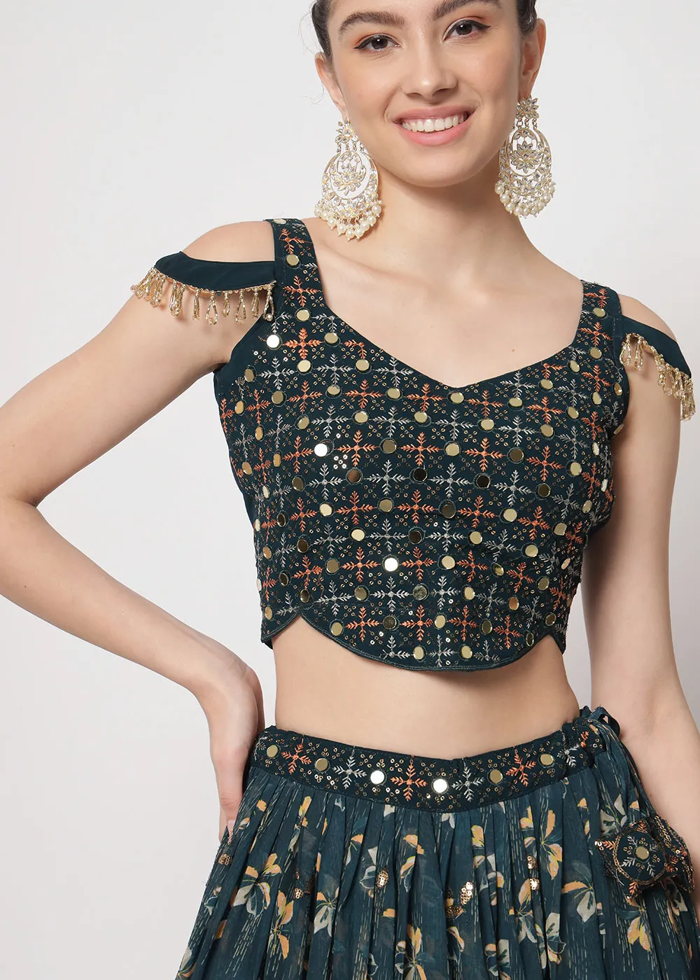 Georgette Green Sequins & Printed Wedding Party Lehenga Choli