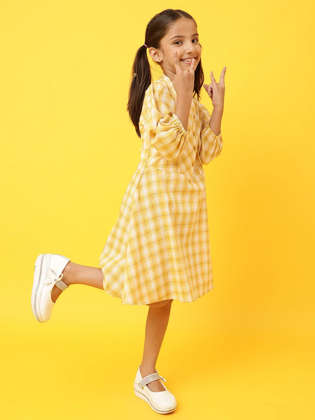 Girls Yellow Cotton Blend Regular Fit Checks Dress