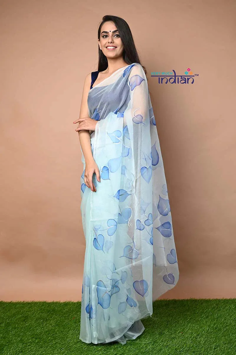 Hand Painted Exclusive Organza Saree in Sky Blue with Cobalt Blue Designs