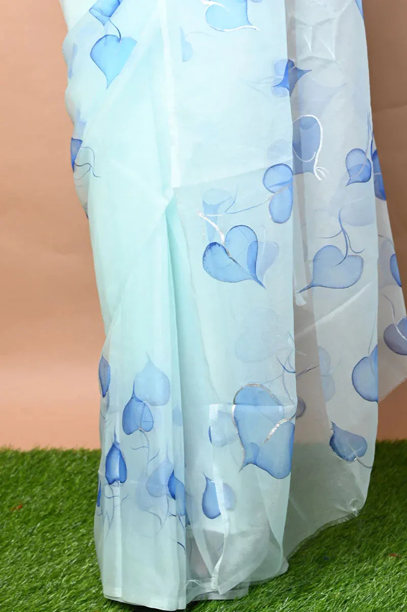 Hand Painted Exclusive Organza Saree in Sky Blue with Cobalt Blue Designs