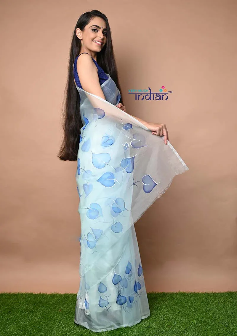 Hand Painted Exclusive Organza Saree in Sky Blue with Cobalt Blue Designs