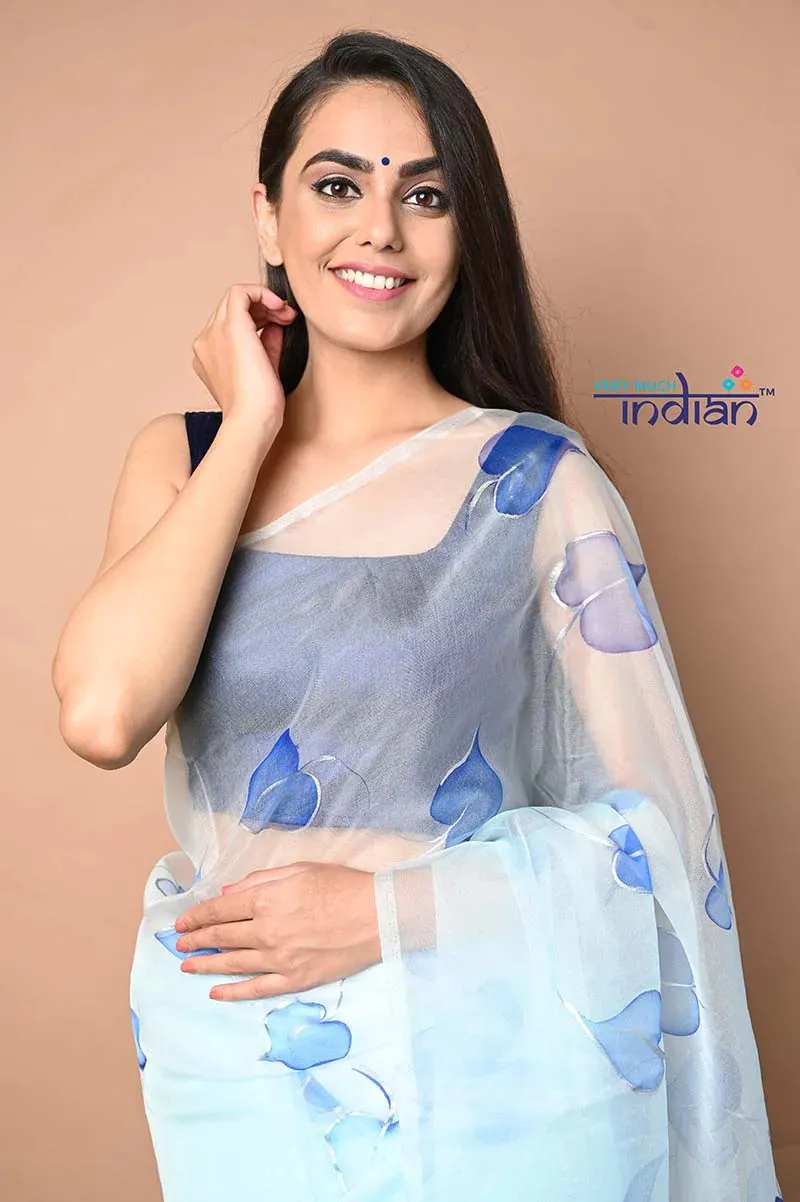 Hand Painted Exclusive Organza Saree in Sky Blue with Cobalt Blue Designs