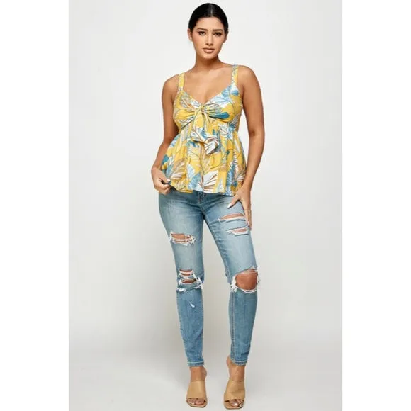 Honey Yellow Blue Tropical Floral Knotted Cami Babydoll Summer Vacation Tank Top