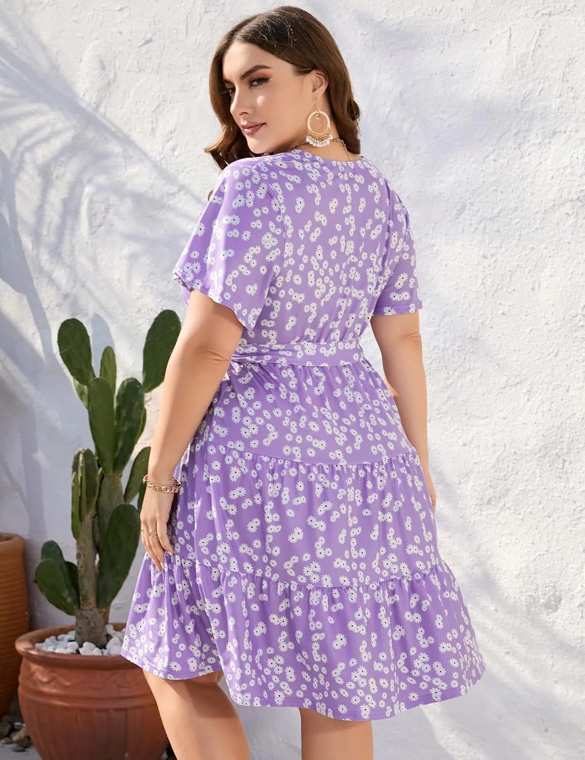 KOJOOIN Women Plus Size V Neck Wrap Dress High Waisted Short Sleeves Summer Casual Midi Dress with Belt