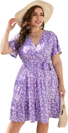 KOJOOIN Women Plus Size V Neck Wrap Dress High Waisted Short Sleeves Summer Casual Midi Dress with Belt