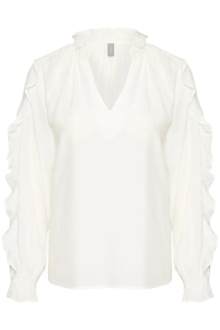 LACE INSERT RUFFLE SLEEVE OFF WHITE BLOUSE