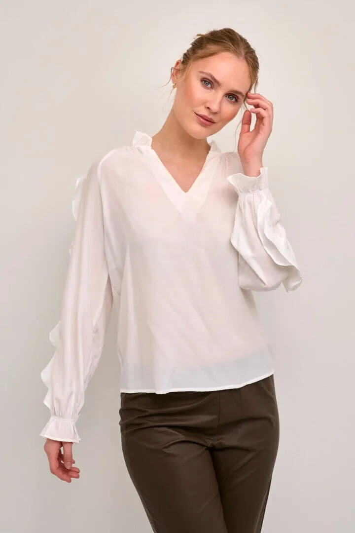LACE INSERT RUFFLE SLEEVE OFF WHITE BLOUSE