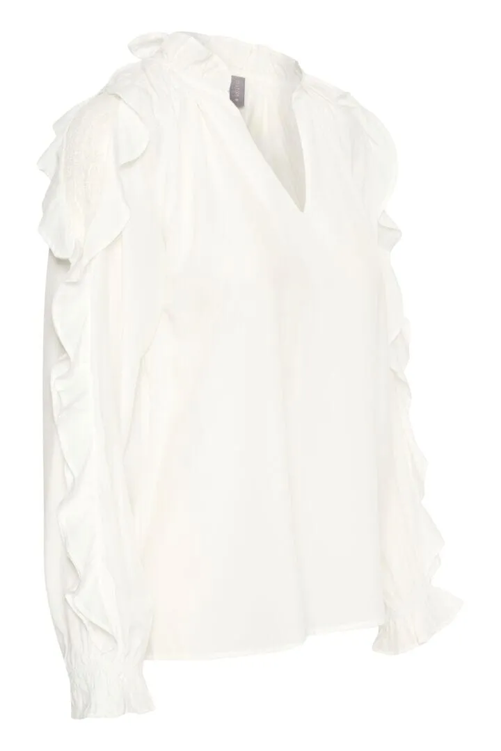 LACE INSERT RUFFLE SLEEVE OFF WHITE BLOUSE