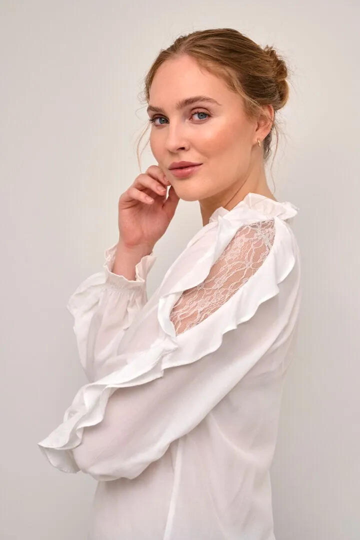 LACE INSERT RUFFLE SLEEVE OFF WHITE BLOUSE