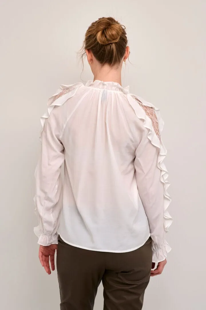 LACE INSERT RUFFLE SLEEVE OFF WHITE BLOUSE
