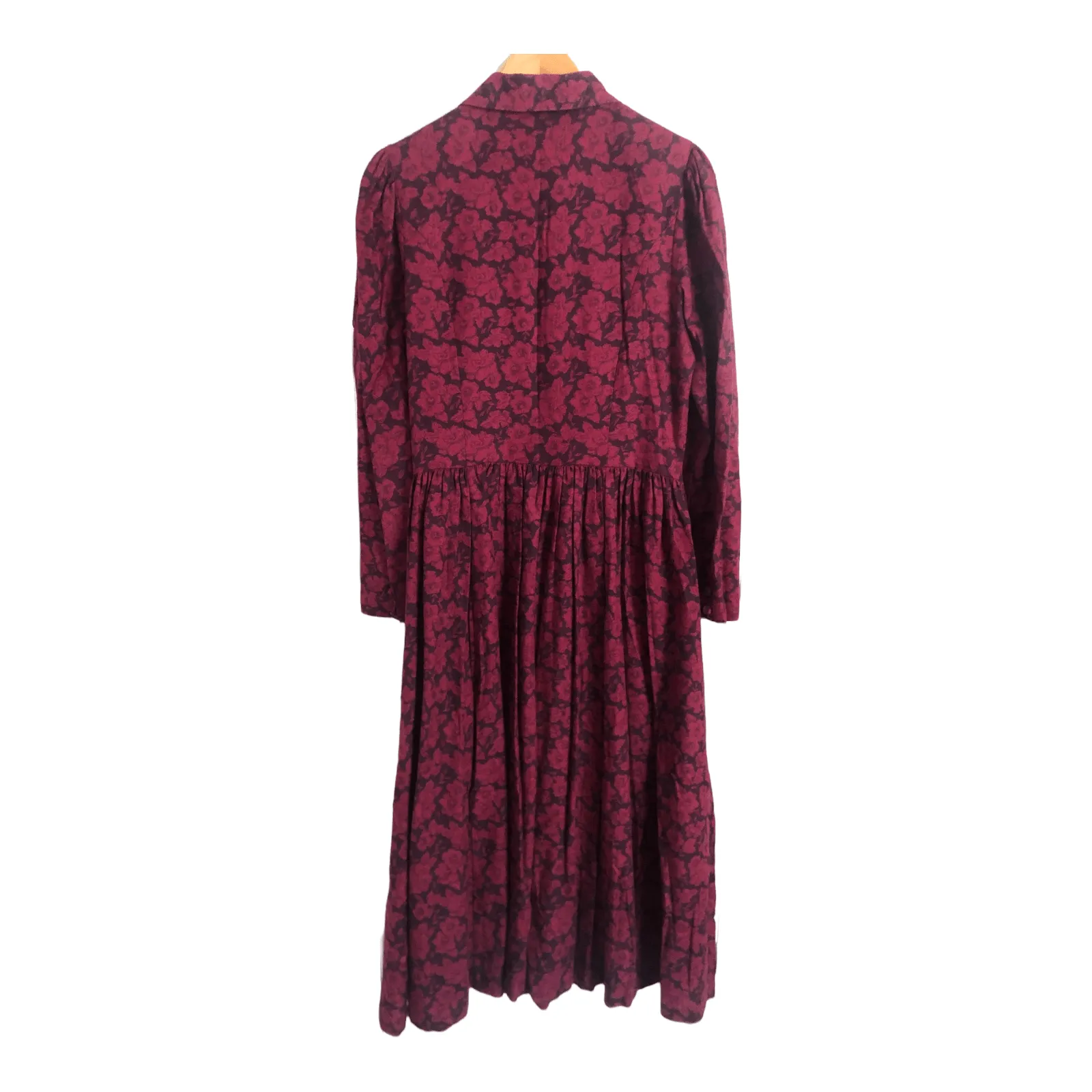 Laura Ashley Vintage Cotton Blend Long Sleeve Shirt Maxi Dress Dark Pink Floral Print UK Size 12-14