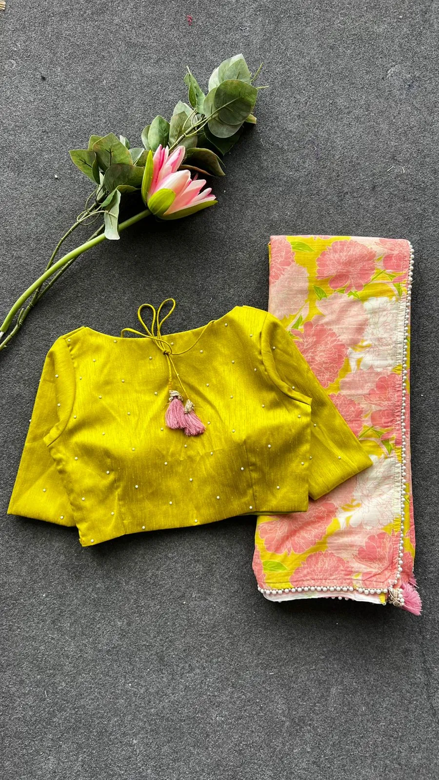 Lime yellow silk patterned & handwork blouse (only blouse)