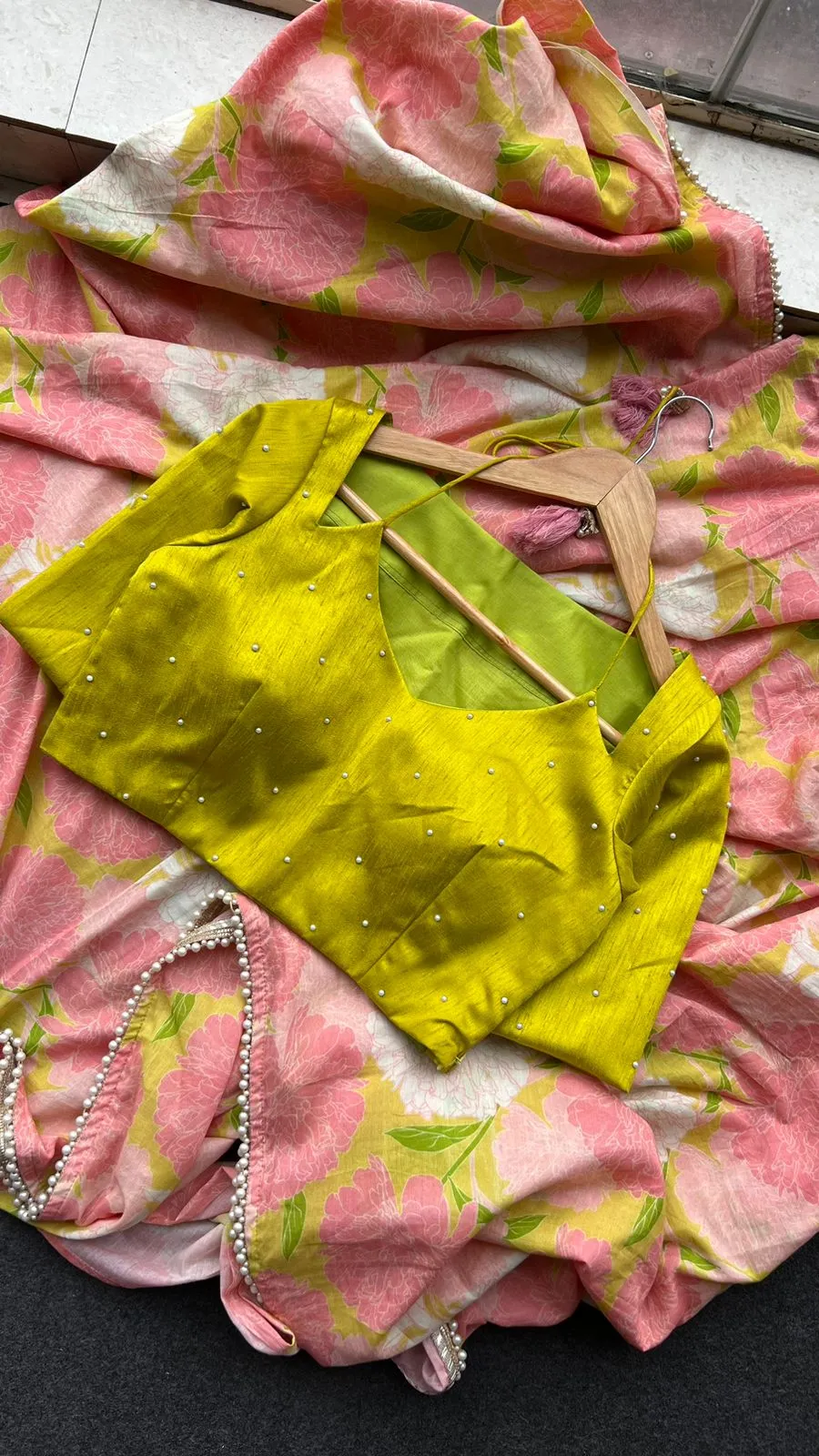 Lime yellow silk patterned & handwork blouse (only blouse)